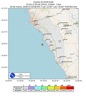 Mapa de aceleración teórica del sismo de magnitud 3.7 a 15 km al SO de Chilca, Cañete - Lima, Perú
