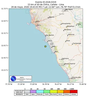 Mapa de aceleración teórica del sismo de magnitud 3.7 a 15 km al SO de Chilca, Cañete - Lima, Perú