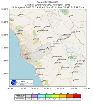 Mapa de aceleración teórica del sismo de magnitud 3.7 a 15 km al SO de Matucana, Huarochirí - Lima, Perú