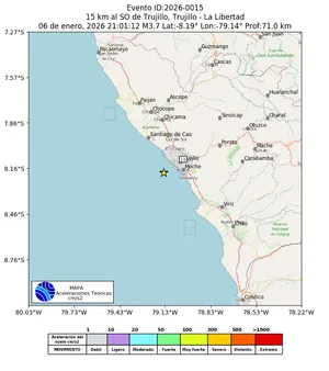 Mapa de aceleración teórica del sismo de magnitud 3.7 a 15 km al SO de Trujillo, Trujillo - La Libertad, Perú