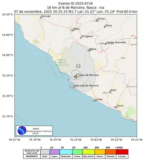 Mapa de aceleración teórica del sismo de magnitud 3.7 a 16 km al N de Marcona, Nasca - Ica, Perú