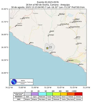 Mapa de aceleración teórica del sismo de magnitud 3.7 a 16 km al NO de Ocoña, Camana - Arequipa, Perú