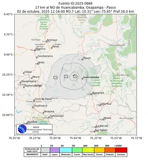 Mapa de aceleración teórica del sismo de magnitud 3.7 a 17 km al NO de Huancabamba, Oxapampa - Pasco, Perú