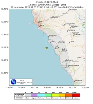Mapa de aceleración teórica del sismo de magnitud 3.7 a 18 km al SO de Chilca, Cañete - Lima, Perú