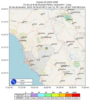 Mapa de aceleración teórica del sismo de magnitud 3.7 a 21 km al N de Ricardo Palma, Huarochirí - Lima, Perú