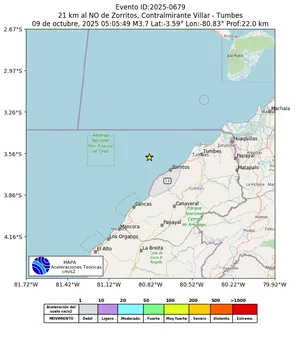 Mapa de aceleración teórica del sismo de magnitud 3.7 a 21 km al NO de Zorritos, Contralmirante Villar - Tumbes, Perú