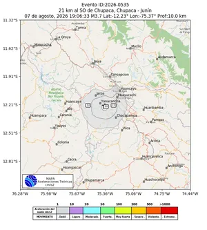 Mapa de aceleración teórica del sismo de magnitud 3.7 a 21 km al SO de Chupaca, Chupaca - Junín, Perú