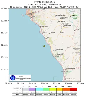 Mapa de aceleración teórica del sismo de magnitud 3.7 a 22 km al S de Mala, Cañete - Lima, Perú