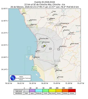 Mapa de aceleración teórica del sismo de magnitud 3.7 a 22 km al SE de Chincha Alta, Chincha - Ica, Perú