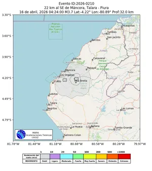 Mapa de aceleración teórica del sismo de magnitud 3.7 a 22 km al SE de Máncora, Talara - Piura, Perú