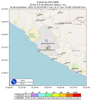 Mapa de aceleración teórica del sismo de magnitud 3.7 a 23 km al E de Marcona, Nasca - Ica, Perú