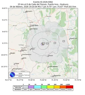 Mapa de aceleración teórica del sismo de magnitud 3.7 a 25 km al O de Codo del Pozuzo, Puerto Inca - Huánuco, Perú