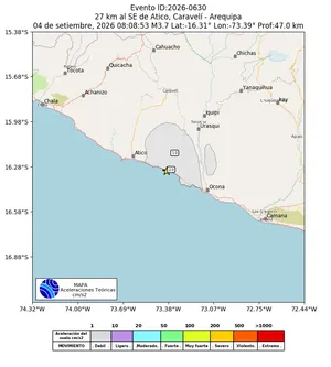Mapa de aceleración teórica del sismo de magnitud 3.7 a 27 km al SE de Atico, Caravelí - Arequipa, Perú