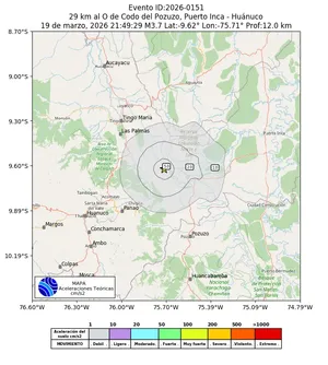Mapa de aceleración teórica del sismo de magnitud 3.7 a 29 km al O de Codo del Pozuzo, Puerto Inca - Huánuco, Perú