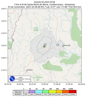 Mapa de aceleración teórica del sismo de magnitud 3.7 a 3 km al N de Santa María de Nieva, Condorcanqui - Amazonas, Perú