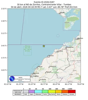 Mapa de aceleración teórica del sismo de magnitud 3.7 a 30 km al NO de Zorritos, Contralmirante Villar - Tumbes, Perú