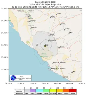 Mapa de aceleración teórica del sismo de magnitud 3.7 a 31 km al SO de Palpa, Palpa - Ica, Perú