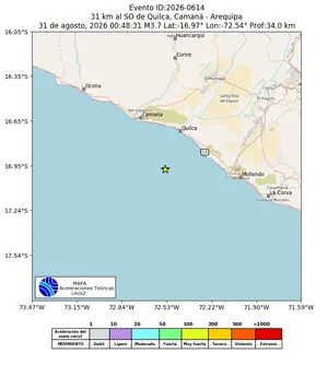 Mapa de aceleración teórica del sismo de magnitud 3.7 a 31 km al SO de Quilca, Camaná - Arequipa, Perú