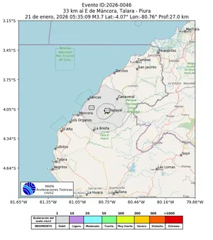 Mapa de aceleración teórica del sismo de magnitud 3.7 a 33 km al E de Máncora, Talara - Piura, Perú