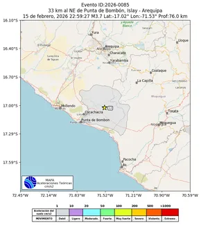 Mapa de aceleración teórica del sismo de magnitud 3.7 a 33 km al NE de Punta de Bombón, Islay - Arequipa, Perú