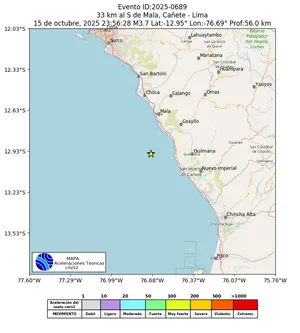 Mapa de aceleración teórica del sismo de magnitud 3.7 a 33 km al S de Mala, Cañete - Lima, Perú