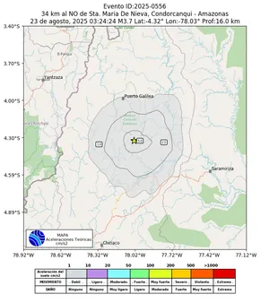 Mapa de aceleración teórica del sismo de magnitud 3.7 a 34 km al NO de Sta. Maria De Nieva, Condorcanqui - Amazonas, Perú