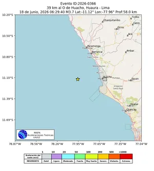 Mapa de aceleración teórica del sismo de magnitud 3.7 a 39 km al O de Huacho, Huaura - Lima, Perú