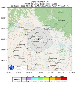 Mapa de aceleración teórica del sismo de magnitud 3.7 a 4 km al N de Lucre, Quispicanchi - Cusco, Perú