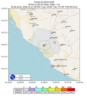 Mapa de aceleración teórica del sismo de magnitud 3.7 a 40 km al SO de Palpa, Palpa - Ica, Perú