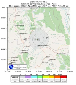 Mapa de aceleración teórica del sismo de magnitud 3.7 a 46 km al E de Villa Rica, Oxapampa - Pasco, Perú