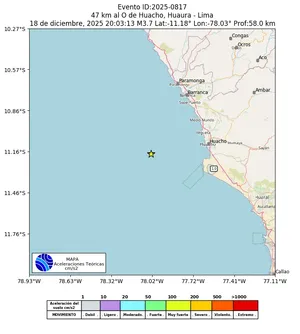 Mapa de aceleración teórica del sismo de magnitud 3.7 a 47 km al O de Huacho, Huaura - Lima, Perú