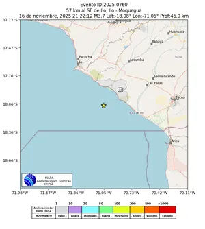 Mapa de aceleración teórica del sismo de magnitud 3.7 a 57 km al SE de Ilo, Ilo - Moquegua, Perú