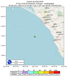 Mapa de aceleración teórica del sismo de magnitud 3.7 a 57 km al SO de Pimentel, Chiclayo - Lambayeque, Perú