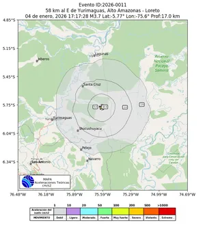 Mapa de aceleración teórica del sismo de magnitud 3.7 a 58 km al E de Yurimaguas, Alto Amazonas - Loreto, Perú