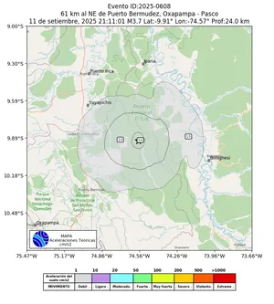 Mapa de aceleración teórica del sismo de magnitud 3.7 a 61 km al NE de Puerto Bermudez, Oxapampa - Pasco, Perú