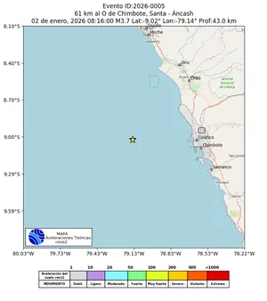 Mapa de aceleración teórica del sismo de magnitud 3.7 a 61 km al O de Chimbote, Santa - Áncash, Perú