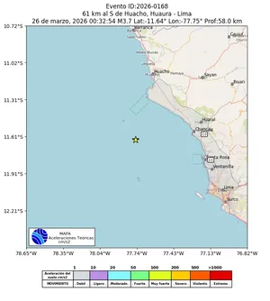 Mapa de aceleración teórica del sismo de magnitud 3.7 a 61 km al S de Huacho, Huaura - Lima, Perú