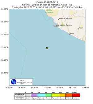 Mapa de aceleración teórica del sismo de magnitud 3.7 a 62 km al SO de San Juan de Marcona, Nasca - Ica, Perú