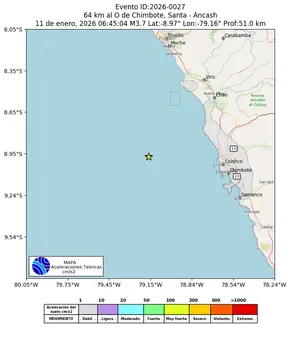 Mapa de aceleración teórica del sismo de magnitud 3.7 a 64 km al O de Chimbote, Santa - Áncash, Perú