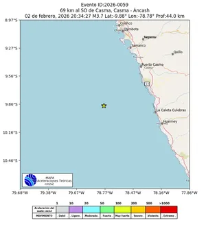 Mapa de aceleración teórica del sismo de magnitud 3.7 a 69 km al SO de Casma, Casma - Áncash, Perú