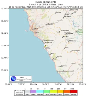 Mapa de aceleración teórica del sismo de magnitud 3.7 a 7 km al N de Chilca, Cañete - Lima, Perú