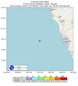 Mapa de aceleración teórica del sismo de magnitud 3.7 a 77 km al O de Chimbote, Santa - Áncash, Perú
