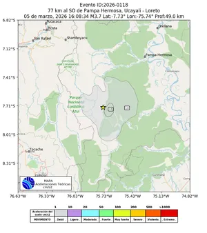 Mapa de aceleración teórica del sismo de magnitud 3.7 a 77 km al SO de Pampa Hermosa, Ucayali - Loreto, Perú