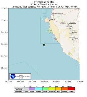 Mapa de aceleración teórica del sismo de magnitud 3.7 a 87 km al SO de Ica, Ica - Ica, Perú