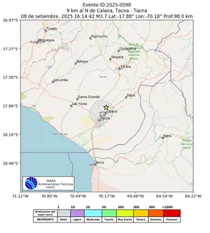 Mapa de aceleración teórica del sismo de magnitud 3.7 a 9 km al N de Calana, Tacna - Tacna, Perú