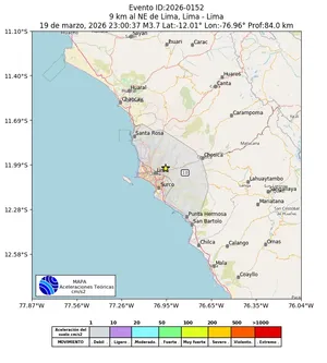 Mapa de aceleración teórica del sismo de magnitud 3.7 a 9 km al NE de Lima, Lima - Lima, Perú