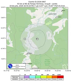 Mapa de aceleración teórica del sismo de magnitud 3.7 a 93 km al NE de Pampa Hermosa, Ucayali - Loreto, Perú