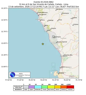 Mapa de aceleración teórica del sismo de magnitud 3.7 a 31 km al O de San Vicente de Cañete, Cañete - Lima, Perú