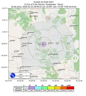 Mapa de aceleración teórica del sismo de magnitud 3.8 a 11 km al O de Pozuzo, Oxapampa - Pasco, Perú