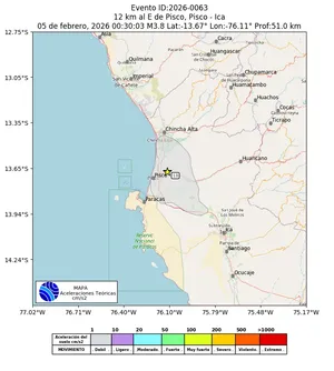 Mapa de aceleración teórica del sismo de magnitud 3.8 a 12 km al E de Pisco, Pisco - Ica, Perú